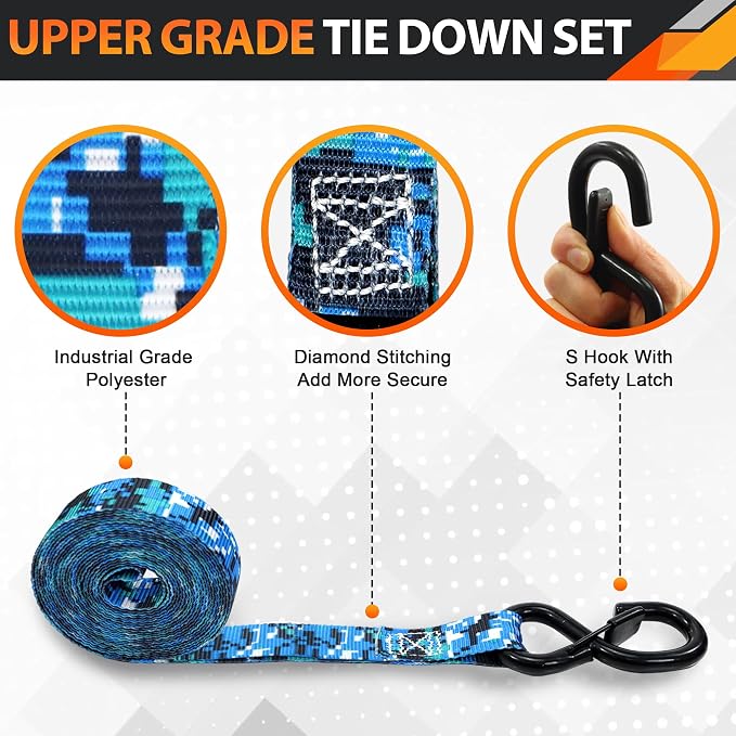 Ratchet Tie Down Straps Set, 2100 LBS Breaking Strength, 4 Pack 1" x 15' Heavy Duty Ratchet Straps, Cargo Strap, Motorcycle Straps for Trucks, Bicycle, Kayak, Moving, Tie Downs with S Hooks, Camo