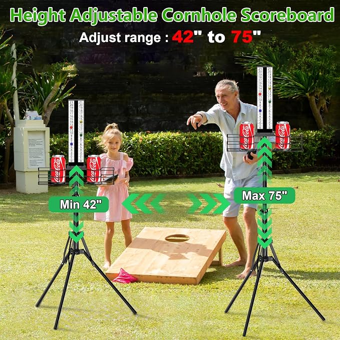Cornhole Scoreboard with Drink Holder, Height Adjustable Foldable Cornhole Score Keeper with Storage Rack Includes 4 Magnets, 1 Storage Bag, Suitable for Outdoor Yard Games