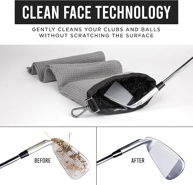 Club Scrub Towel Pro, Golf Club and Ball Cleaning Pouch with Attached Towel, Waterproof Exterior, Clean Face Technology Liner, Machine Washable, Cleans Club Grooves, Waffle-Weave Microfiber (Gray)