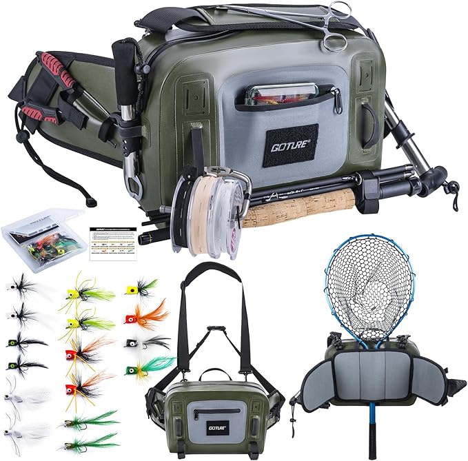 Goture Waterproof Fishing Waist Pack, IPX8 840D TPU Large Tackle Bag with Rod Holder, Airtight Zipper Closure, Fly Fishing Bag with Adjustable Waist Strap, Sling Fanny Pack with 16pcs Popper Flies
