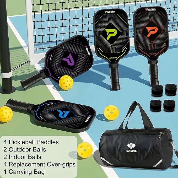 Pickleball Paddles Set of 4, Complete Family Starter Kit – 4 Balls (Indoor & Outdoor), 4 Overgrips & Bag, Lightweight Carbon Fiber Rackets for Beginners & Intermediate, Ready to Play Anywhere