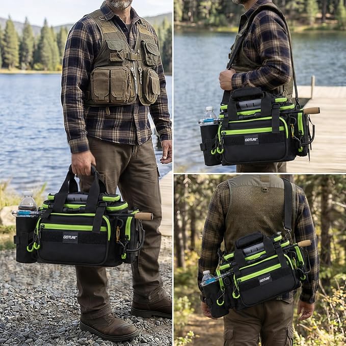 Goture Fishing Tackle Bag, 600D Water-Resistant Soft Side Crossbody Sling Bag with Rod Holder,Small Gear Storage Tactical Bags for Saltwater & Freshwater,Fits 4 3600 Tackle Boxes (Not Included)