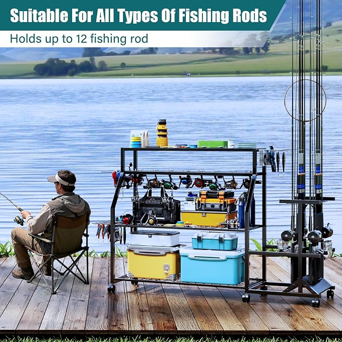 TC-HOMENY Large Fishing Rod Holders for Garage Fits for 12 Rods, 4-Tier Fishing Pole Rack Cart with Enlarged Shelves, Fishing Gear Tackle Organizer Storage Cart with Wheels for Garage, Outdoor, Black