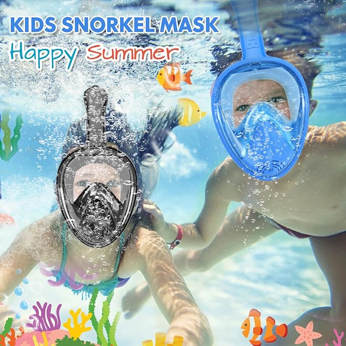 Kids Snorkel Mask Full Face, Snorkeling Gear for Kids with Camera Mount, 180 Degree Panoramic View Snorkeling Set Anti-Fog Anti-Leak