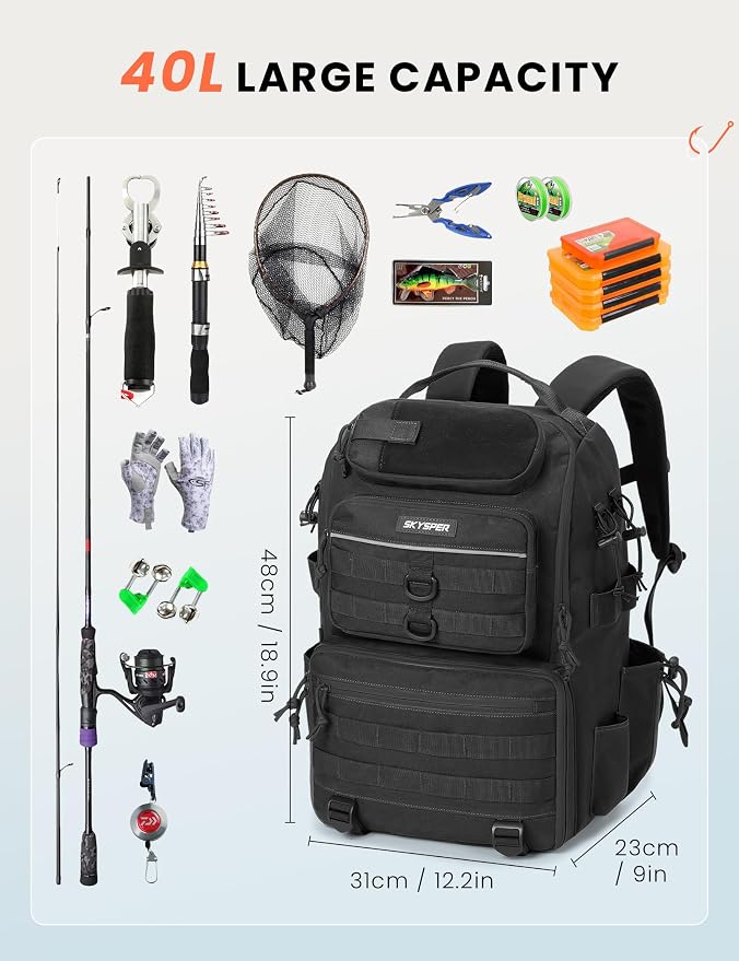 SKYSPER Tackle Backpack Fishing Bags with Rod Holder, 40L Water-Resistant Tackle Box Storage Bag for Fishing Gear Lures(Black)