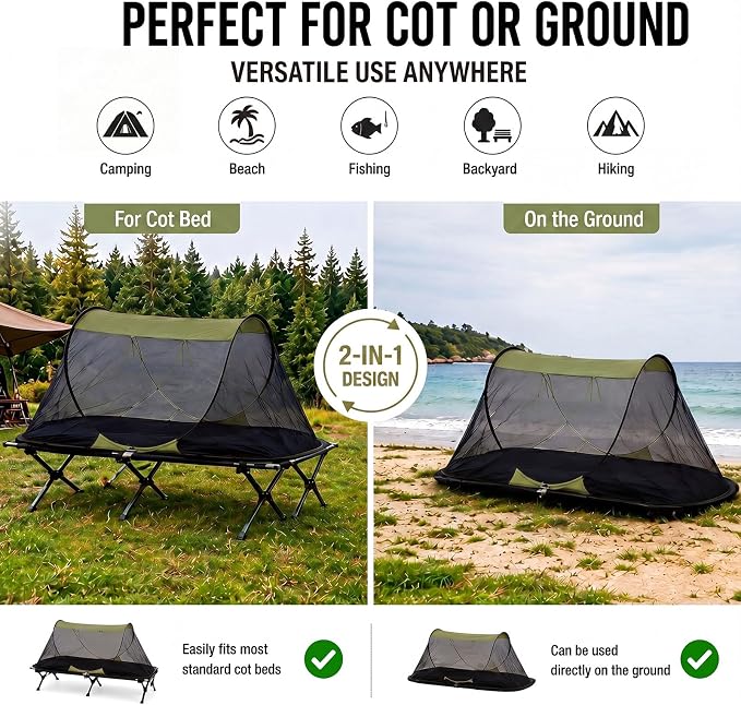 2 Pack Pop up Mosquito Tent for Camping 1 Person Instant Setup Foldable Bug Net Cot Tent with Ground Pin Portable Waterproof Screen Net for Cot Bed Hiking Summer Beach Outdoor
