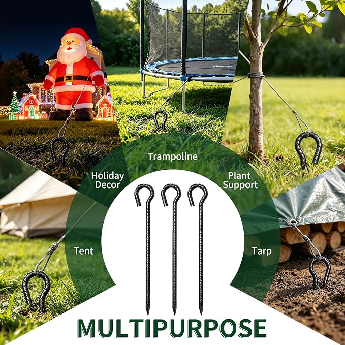 16 Inch Rebar Stakes 1/2" Diameter 12 Pack Heavy Duty Tent Stakes with Loop | Ground Anchors for Camping Canopy, Tent, Trampoline, Garden Tree Support, Holiday Decor, Dog Tie Out, Black