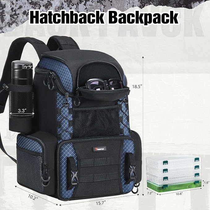 Piscifun Fishing Tackle Backpack with Rod Holders & 4 Tackle Boxes, 42L Outdoor Fishing Bag with Waterproof Rain Cover