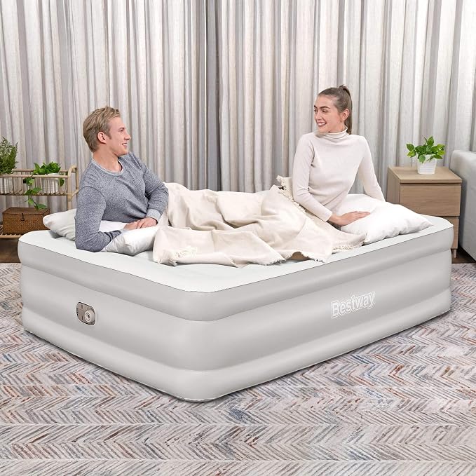 Bestway Tritech 20" Queen Air Mattress, Portable Queen Size Airbed with Contoured Comfort, Raised Sides, & Built-in AC Electric Air Pump, Warm Gray