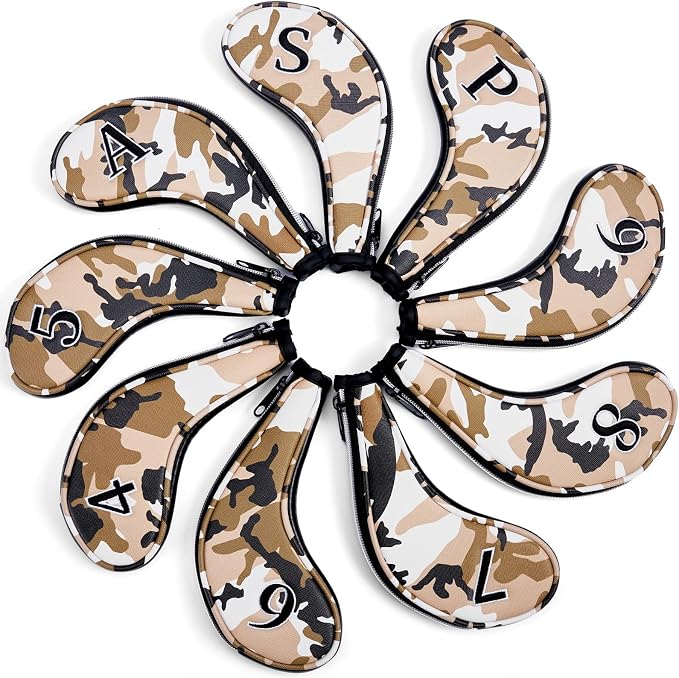Golf Club Camo Zipper Iron Head Covers 9Pcs/Set With No. on Both Sides PU Leather Headcovers (Blue/Brown)