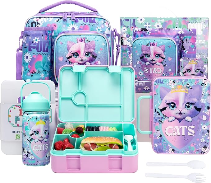Lunch Box Kids Bento Box for Girls with Ice Pack,Lunch Bag,Stainless Steel Water Bottle Set Utensils Set Food Container for School Cat Girls Lunch Boxes Kids Back to School Supplies