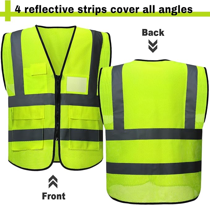 JaGely 6 Pack Reflective Safety Vests with Pockets, High Visibility Mesh Construction Vest for Men Women, Neon Yellow, Size L