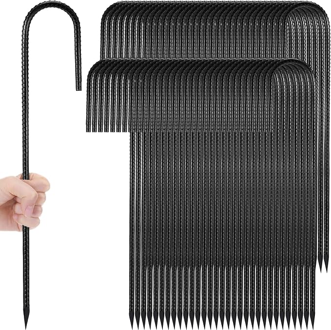 Gisafai 200 Pcs 12 Inch J Hook Rebar Stakes, Garden Ground Stakes Heavy Duty Tent Ground Anchors Steel Plant Support Stake Long Straight Metal Spikes with Chisel Point End for Concrete Timber