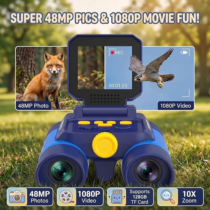 Kids Binoculars with Night Vision Camera, 10X Zoom Digital Adventures Telescope with 2.4" IPS Screen, Nature Explorer STEM Toys for Bird Watching Camping, Gifts for Boys Girls Age 4-12 - Blue