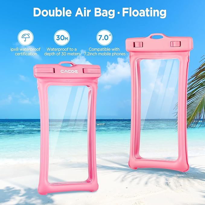 CACOE [Floatable] Floating Universal Waterproof Phone Case 2 Pack-Up to 7.0",Phone Pouch with Adjustable Neck Lanyard,IPX8 Cellphone Dry Bags for Vacation Water Activities（Black+Pink）