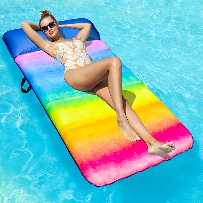 FindUWill Oversized Pool Float Lounge, 72" X 37" Extra Large Fabric-Covered Pool Floats for Adults, Inflatable Contour Lounger with Headrest Ultra-Comfort Cooling Pool Raft (XL, Monstera)