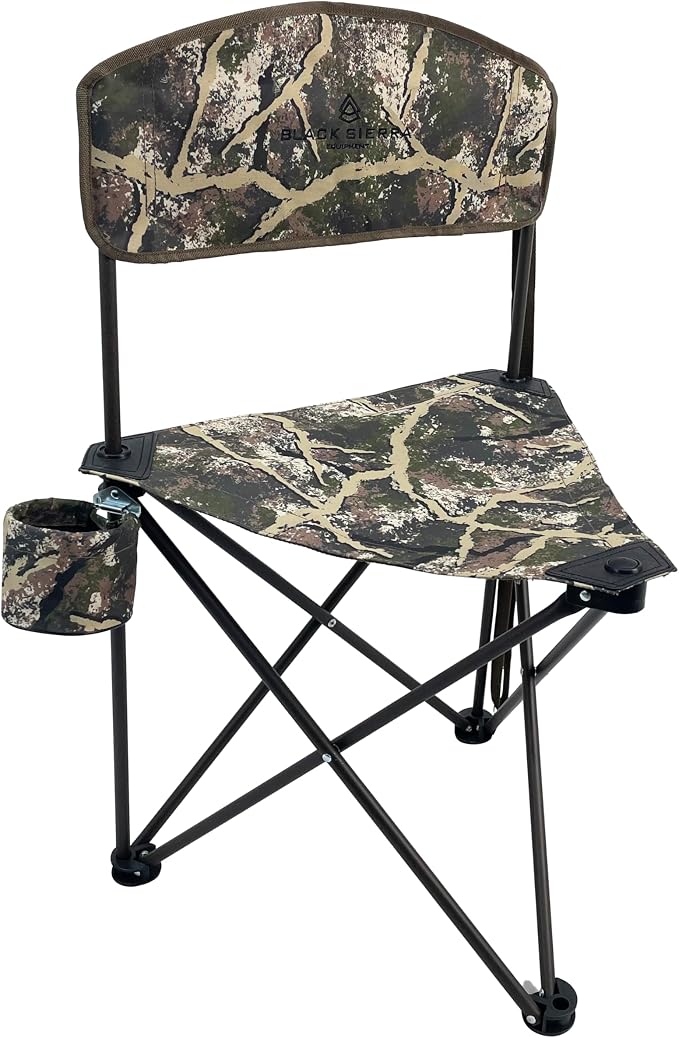 Black Sierra Tri-Lite Folding Stool with Backrest & Cup Holder, Lightweight Portable Hunting Fishing Chair with Carry Strap, Collapsible Outdoor Tripod Seat Supports 225 lbs