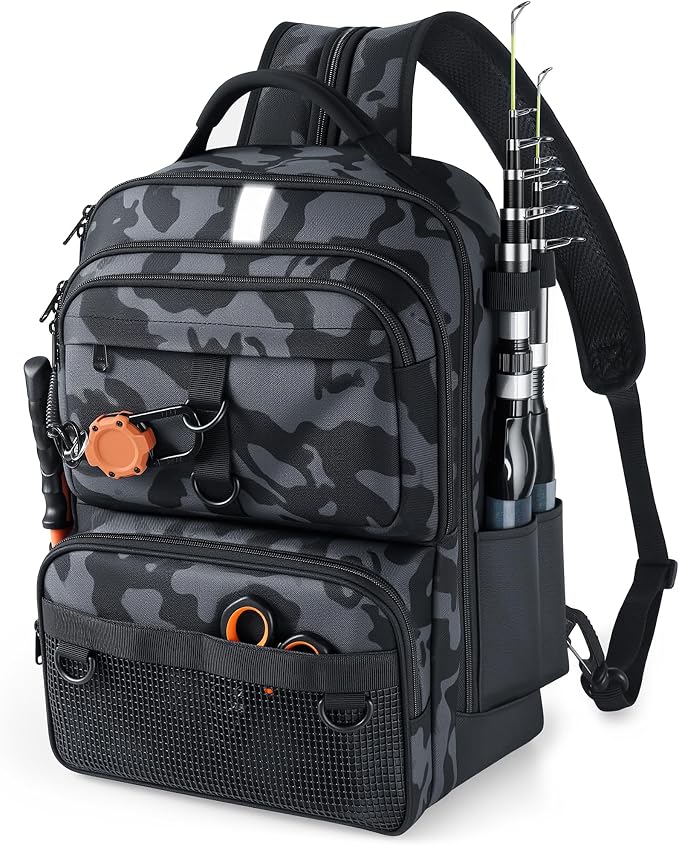 Fishing Backpack with Tackle Boxes and Rod Holder, 24L Fishing Sling Bag with Fishing Lures Kit, Fishing Gear Bag Gifts for Men Women - Camo Backpack