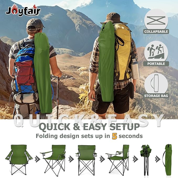 Joyfair Portable Camping Chair, Outdoor Lawn Folding Chairs for Adults, Heavy Duty Large Foldable Chairs for Beach, Fishing, Tailgating and More Outdoor Sport, Carry Bag & Cup Holder