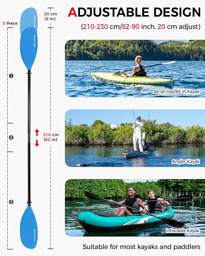 Kayak Paddle with Fiberglass Shaft and Reinforced Nylon Blade, Adjustable Kayaking Oars, 3 Piece, 230-250 cm/90-98 inches, 210-230 cm/82-90 inches