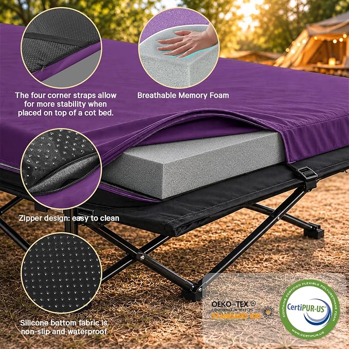 CYMULA Camping Cot Pad 2 Inch Memory Foam, Camping Pad for Folding Cot and Foldable Cot, Portable Roll Up Camp Gear for Car Camping Travel Tent, Non-Slip Waterproof Bottom, Removable Cover, Pad Only