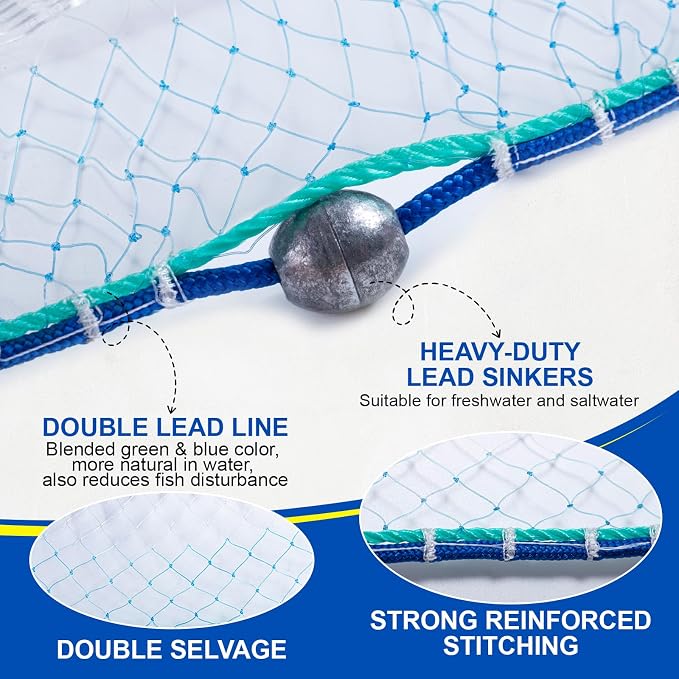 Goture American Fishing Cast Net Saltwater Freshwater, 3/8in Mesh Size Casting Net for Bait Fish Shrimp Trap, Dual Color Double Selvage Add Tape, Throw Cast Nets with Needle