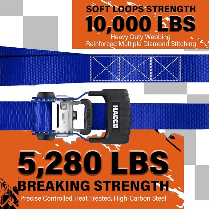 HACCOPLANET Ratchet Straps, 5280lb Break Strengeth, 1.6" Heavy Duty Ratchet Tie Down Strap Set w/Padded Handle, S Hook, Soft Loop for UTV Motorcycle Truck Cargo Straps (Blue, 16FT)