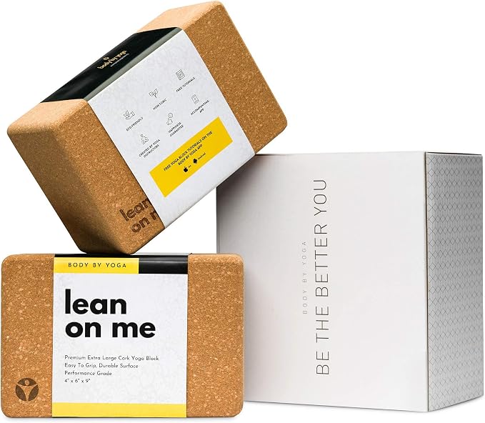 Cork Yoga Blocks 2 Pack – High Density Non Slip with Select Cork Grain for Chip-Resistant Durability | Extra Thick 4” for Support & Stability | Natural, Smooth, and Crumble Free | Body By Yoga
