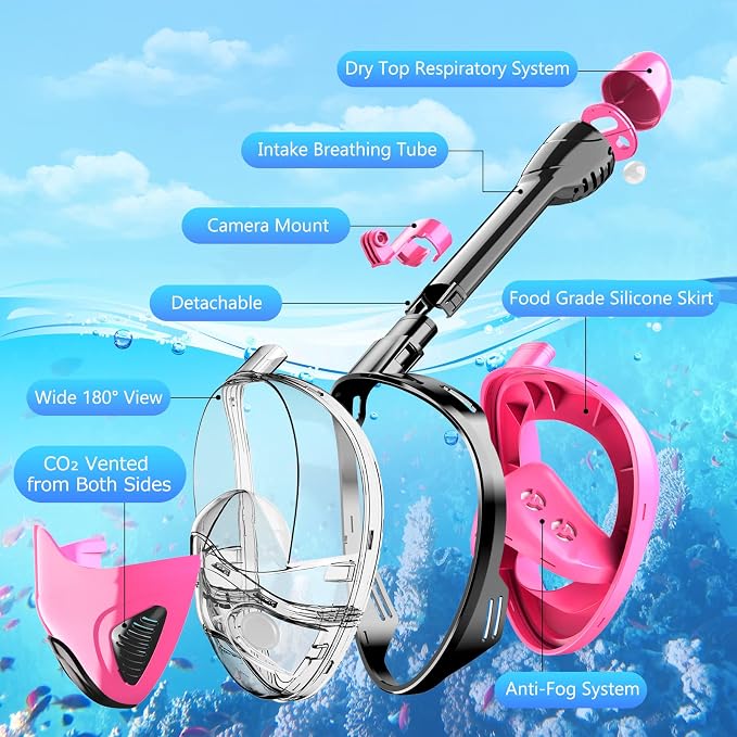 Full Face Snorkel Mask for Adults Teen, Snorkeling Gear with Detachable Camera Mount, Panoramic 180° View, Anti-Fog Anti-Leak Snorkling Set for Man and Women
