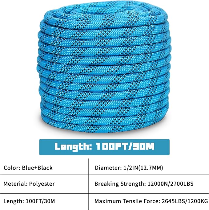 1/2 Inch 100ft Double Braided Polyester Arborist Rope, Heavy Duty Nylon Rope for Anchor, Tree Work, Cargo, Pulling, Sailing (Blue)