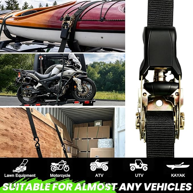 Ratchet Straps Medium Duty 4 Pack -1 Inch x 15 Feet (1,823LB Break Strength)- Motorcycle Tie Down Straps -Soft Loops with Bungee Cords- Ratchet Tie Down Set for Powersports, Motorcycle or Moving Cargo