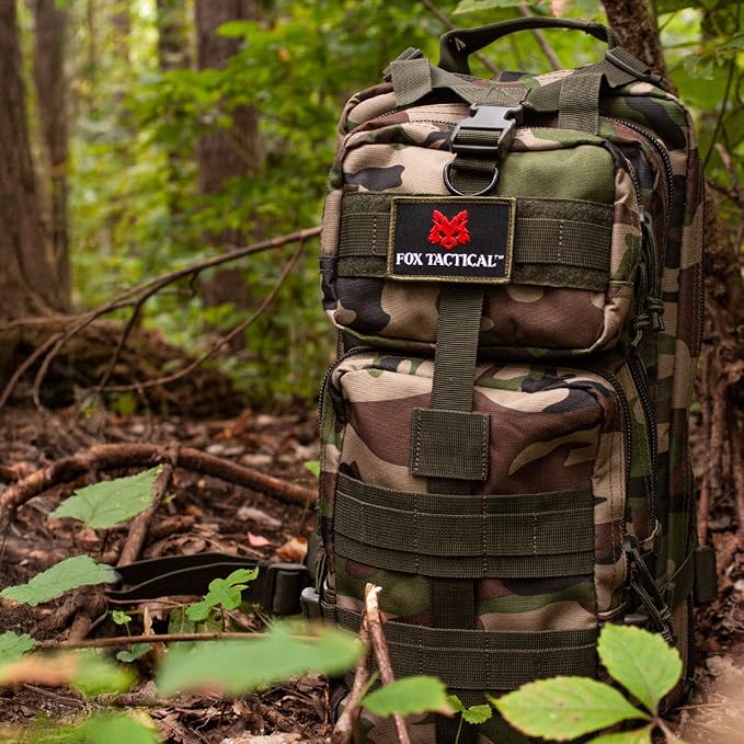 FOX OUTDOOR PRODUCTS Medium Transport Pack | 29L Tactical Backpack with Organizer Pockets, MOLLE Webbing & Hydration Sleeve, Woodland Camo