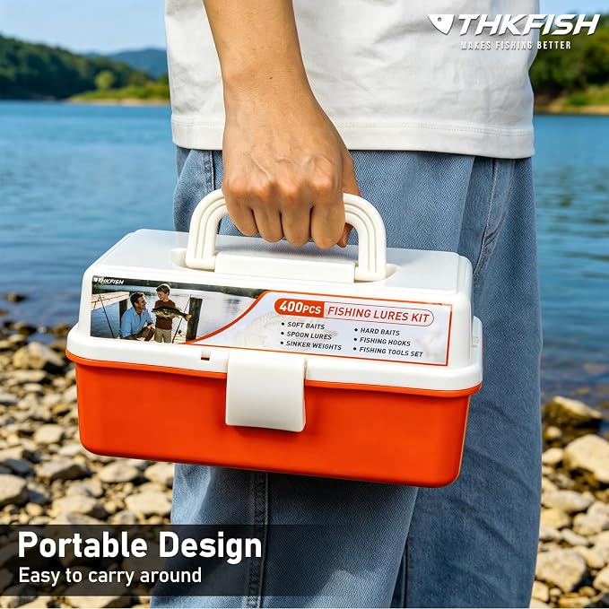 THKFISH 400PCS Fishing Lures Accessories Kit with Large 3-Layer Tackle Box Complete Freshwater Bass Fishing Gear Tools Set with Pliers, Fish Scale, Crankbait, Hooks, Weights Gift for Men (Orange)