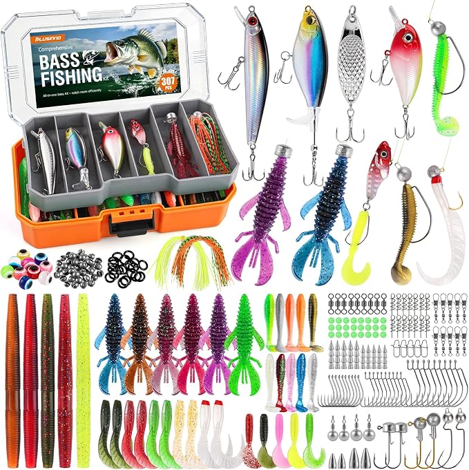 PLUSINNO Bass Fishing Lures Tackle Box Kit for All Water, 307 pcs | Pro Bass Fishing Gear Kit, for Freshwater Lake, Largemouth Bass, 6 Pre-rigged Jigs, Fishing Lure Set Gifts for Men Beginners