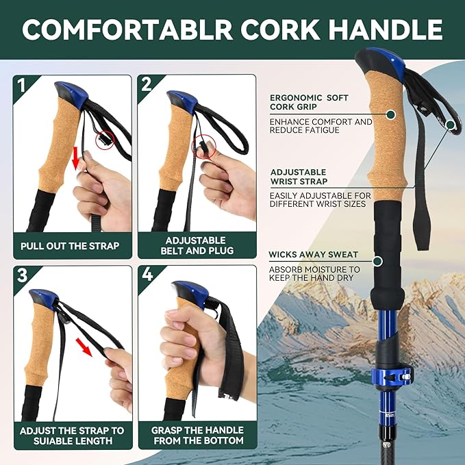 Carbon Fiber Trekking Poles - Lightweight Collapsible Hiking Poles, 2 PCS Nordic Hiking Sticks for Travel, Backpacking Walking Sticks for Men, Women, Seniors with Cork Grip & Quick-Lock System