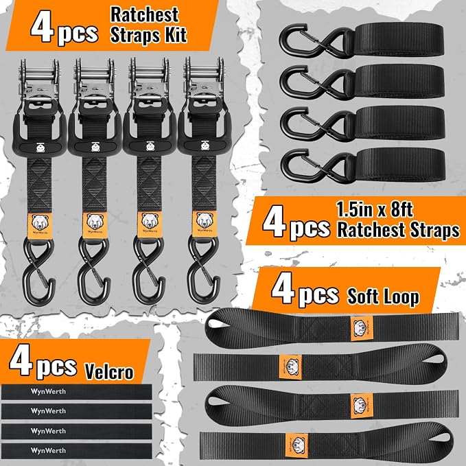 4 Pack Ratchet Straps,Heavy Duty Powersports Tie Downs Load Straps,5208lbs Break Strength 1.5in x 8ft with Safety S Hooks and Soft Loops for Motorcycle Truck Cargo Roof Rack,Break Strength, Black