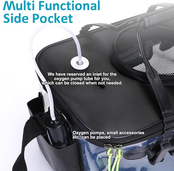 AceOrbit Foldable Transparent Fishing Bucket with Aerator Live Bait Bucket and Dual Outlet Air Pump, Heavy Duty EVA Collapsible Fish Basket for Kayak, Ice Fishing, Camping & Travel
