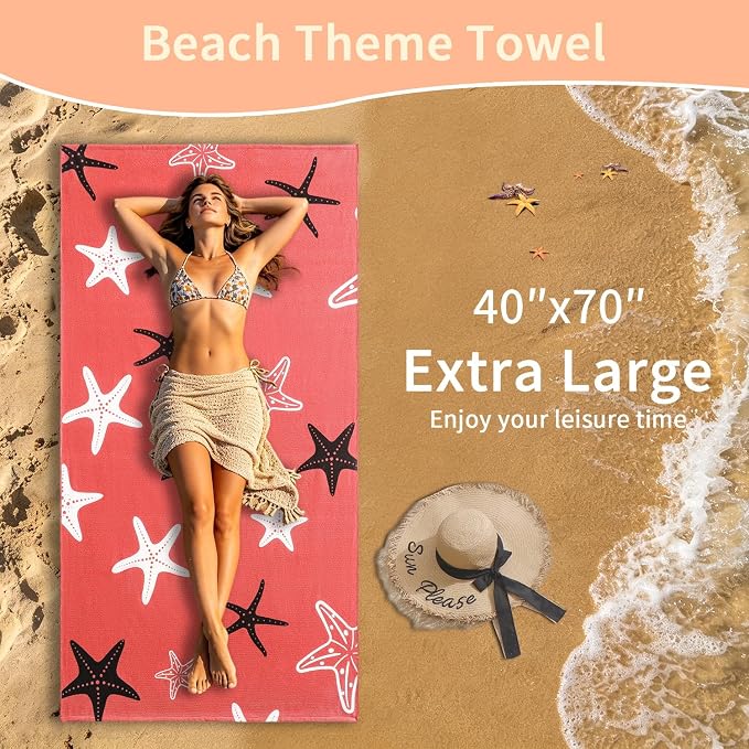 Belista Oversized Beach Towels 4 Pack,40”x70” Microfiber Thin Large Beach Towel Set for Adults Travel Camping Swimming,Turtle Starfish Them Sand Free Quick Dry Lightweight XL Pool Towels,Orange & Gray