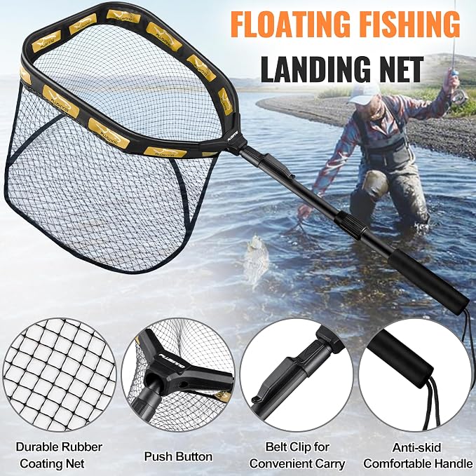 PLUSINNO Floating Fishing Net for Steelhead, Salmon, Fly, Kayak, Catfish, Bass, Trout Fishing, Rubber Coated Foldable Landing Net with Fixed or Telescoping Pole Handle, Fishing Gear and Gifts for Men