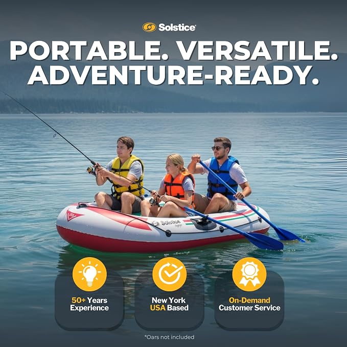 SOLSTICE Inflatable Boat for Lakes, Rivers & Beaches – Heavy-Duty Raft with Swivel Oar Locks, Grab Line & Inflatable Seat – Voyager, 3-Person, White, 7'
