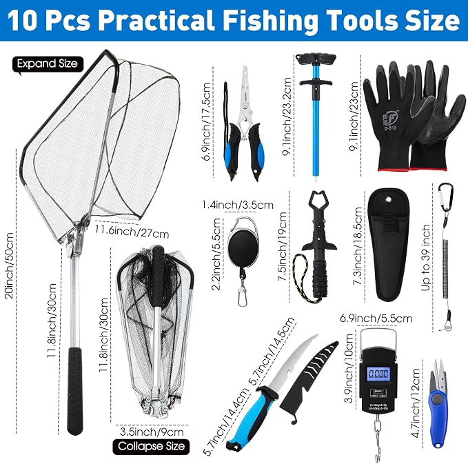 RoundFunny 10 Pcs Fishing Tool Kit, Fishing Pliers with Lanyard and Protective Sheaths, Landing Net, Fillet Knife, Fish Scale, Gripper, Hook Remover, Braid Scissors, Gloves for Men Dad Gift