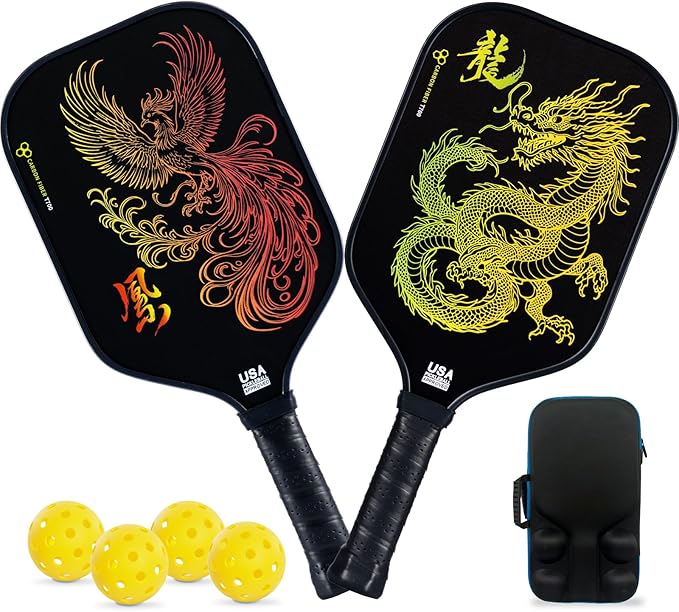 Pickleball Paddles Set of 2 – Lightweight T700 Carbon Fiber Pickleball Paddles, Durable 2 Paddles + 4 Outdoor Balls + Bag, Best for Beginner & Pro