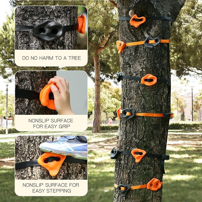 TOPNEW 12 Ninja Tree Climbing Holds for Kids Climber, Orange & Black Tree Climbing Kit with 6 Ratchet Straps for Outdoor Ninja Warrior Obstacle Course Training
