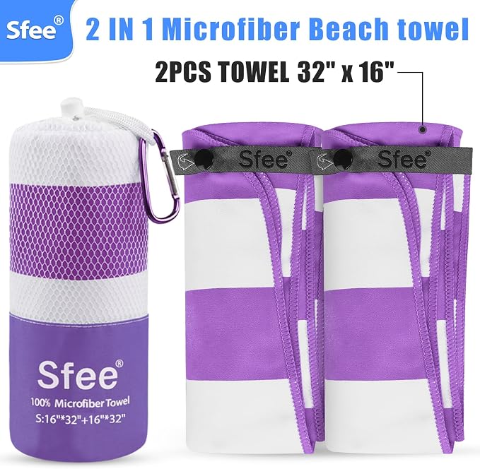 Sfee 2 in 1 Microfiber Travel Towel, Quick Dry Towel Camping Towel Beach Towel Super Absorbent Compact Lightweight Sports Gym Towel Set for Gym, Hiking, Pool, Bath, Yoga (Small: 32''x16'')