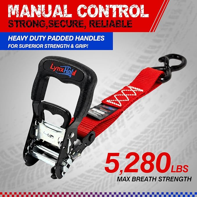 Ratchet Tie Down Straps, 5280lbs Break Strength, 1.6" x 16' Heavy Duty Ratchet Tie Down Strap Set with Padded Handles, Coated S Hook, Soft Loop for Trucks, ATV, UTV, Motorcycle, Cargo & More -Red