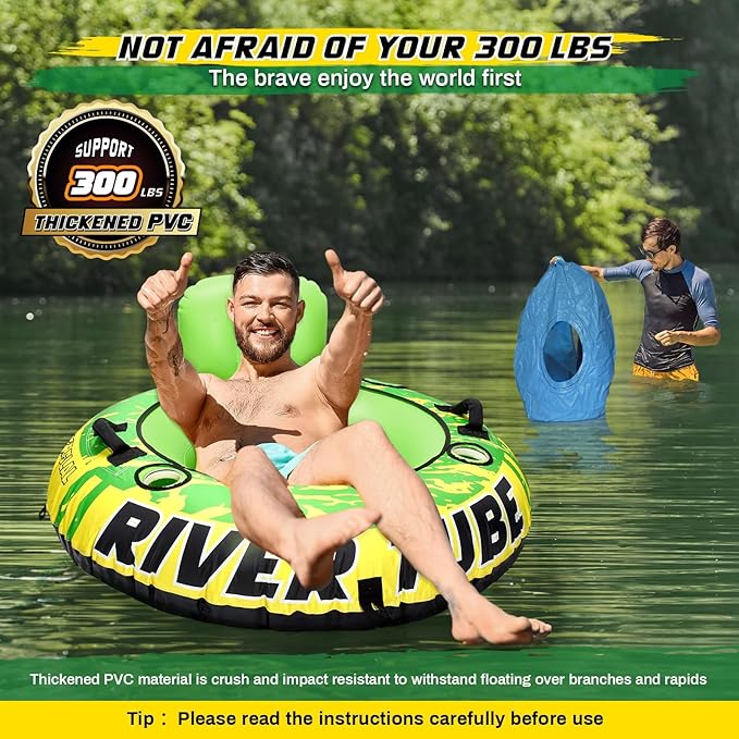 53" Heavy Duty River Tube for Floating with Canvas Cover, Tubing Floats for Lake Pool, Inflatable Water Tube for Floating with Cup Holders Handles Headrest, River Raft Carry 300lb of Adults