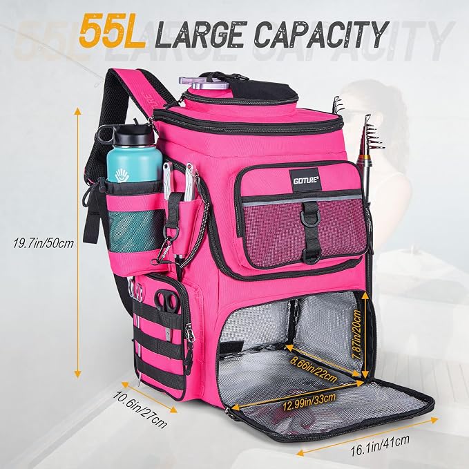 Goture Fishing Backpack,900D Water-Resistant Tackle Bag with Rod Holders, Insulated Cooler Compartment,55L Large Capacity Fishing Gear Storage for Saltwater&Freshwater Camping Hiking,Gifts for Women