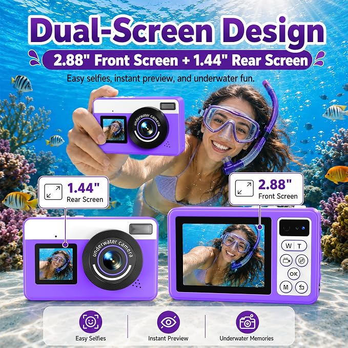 Maxmango D70 Underwater Camera, 10FT Waterproof Digital Camera for Pool & Beach, 4K 48MP Teens Underwater Cam with Dual Screens, Autofocus, 18X Zoom, Floating Camera for Boys Girls Purple(16GB)