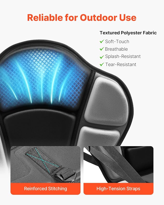 VEVOR Kayak Seat, Universal Paddle Board Seat with Adjustable Back Support, Multiple Thickness Options (0.5” to 2.6”), Soft Padded Cushion & Storage Bag for SUP, Canoe, Fishing Boat, Inflatable Kayak
