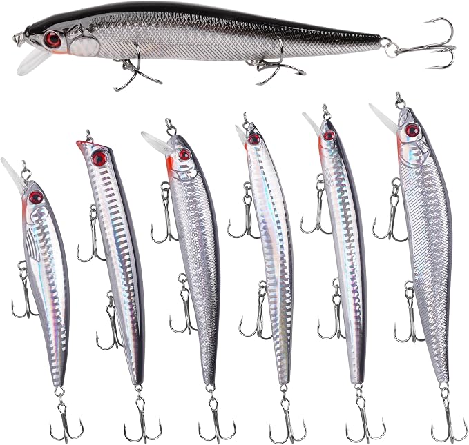 Saltwater Fishing Lures Kit, 6/12pcs Striped Bass Lures Surf Fishing Minnow Lures Deep Diving Jerkbait Popper Plugs Crankbait Fishing Tackle